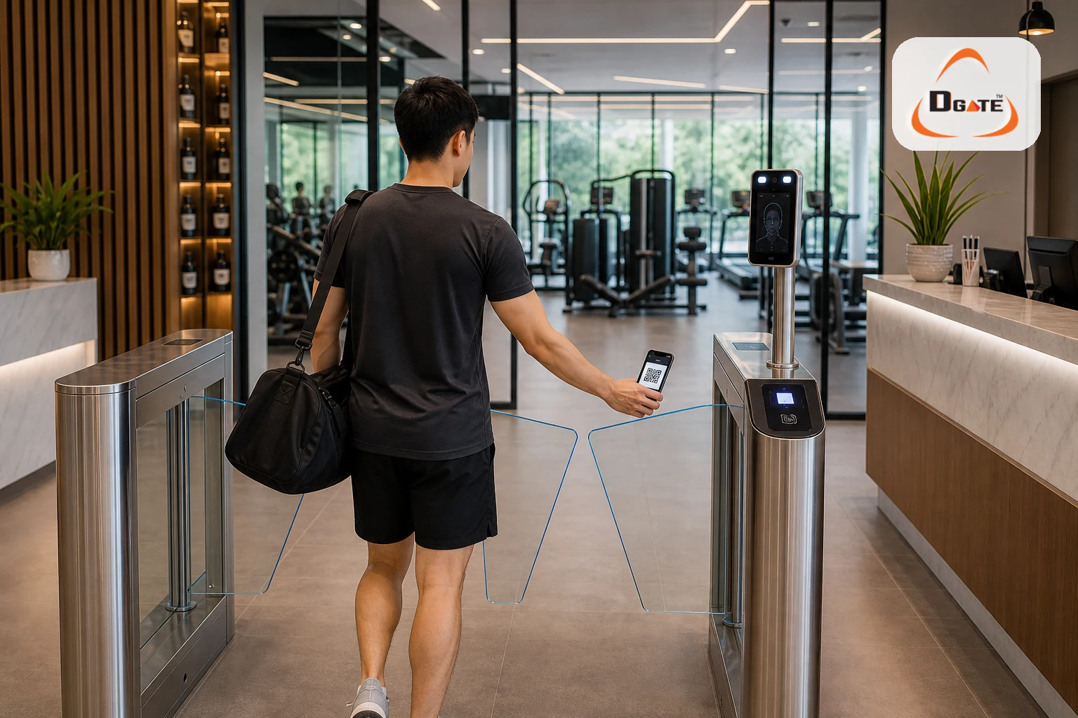 ระบบเข้าออกฟิตเนสด้วย QR reader, face recognition และ turnstile gate สำหรับสมาชิกยิม