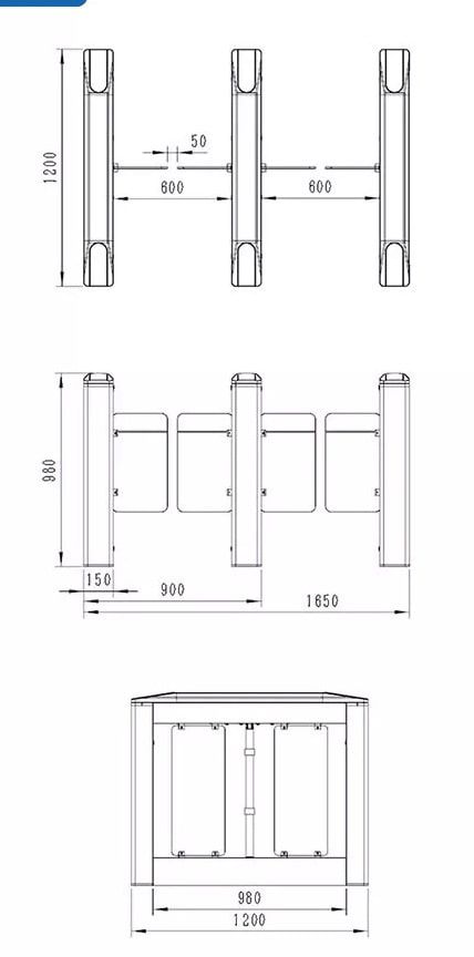 แบบขนาดติดตั้ง TS-AK326-O ประตูกั้นบานสวิง 1200x150x980mm ความกว้างช่องทางเดิน 900mm