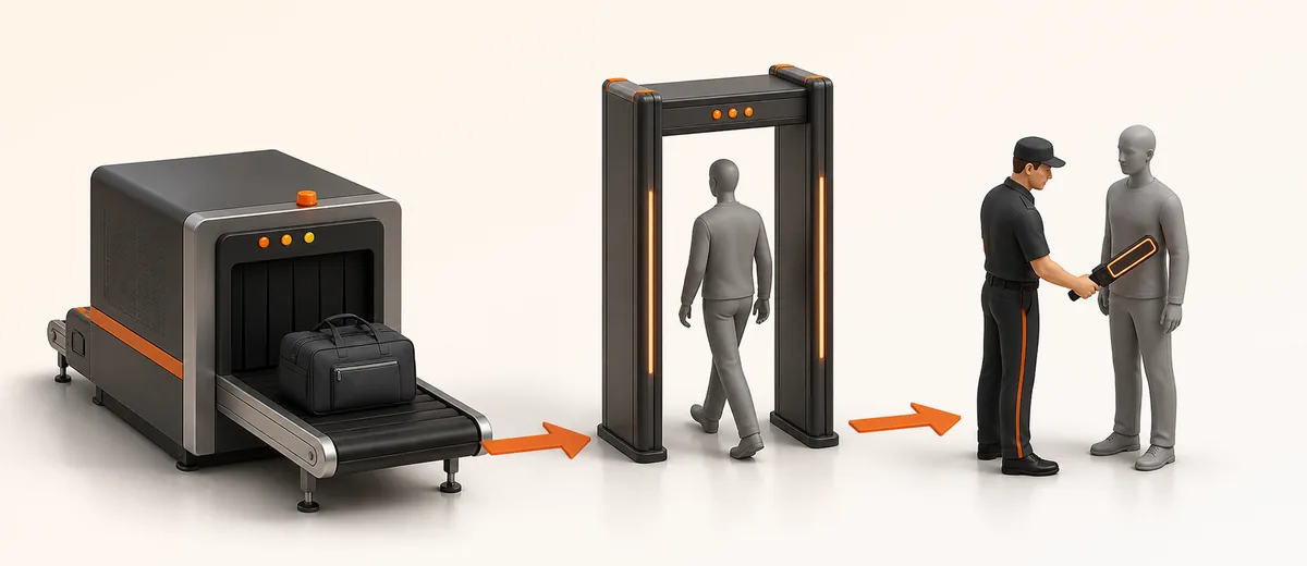ภาพ 3D แสดงลำดับเครื่อง X-ray สัมภาระ ประตู WTMD และการตรวจซ้ำด้วย Handheld Metal Detector