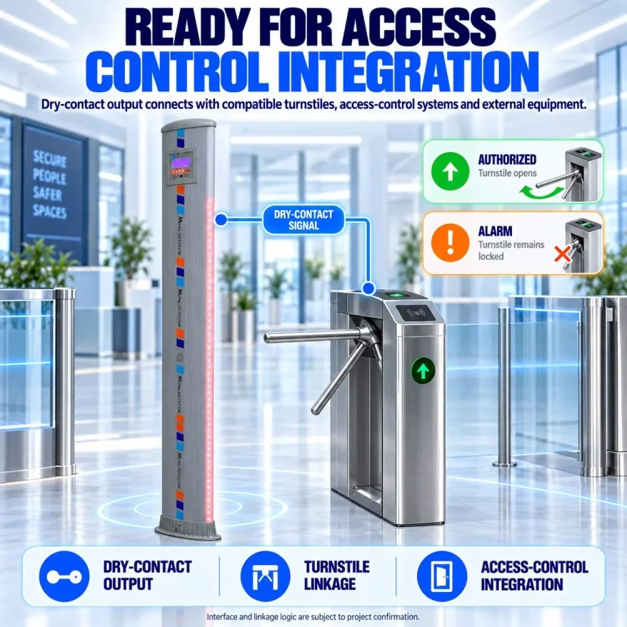 การเชื่อมต่อเสาตรวจจับโลหะ SE-WT-S01 ร่วมกับประตูกั้นทางเดิน Turnstile และระบบ Access Control